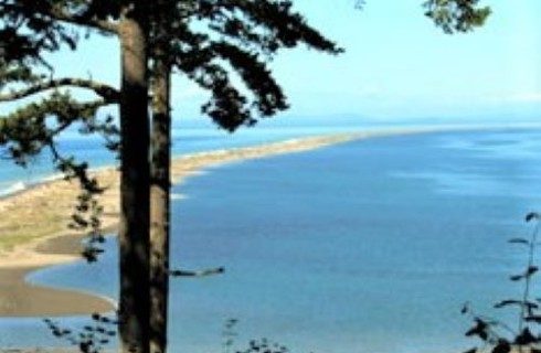 Overhead view of a large bay next to an empty sandy beach peninsula