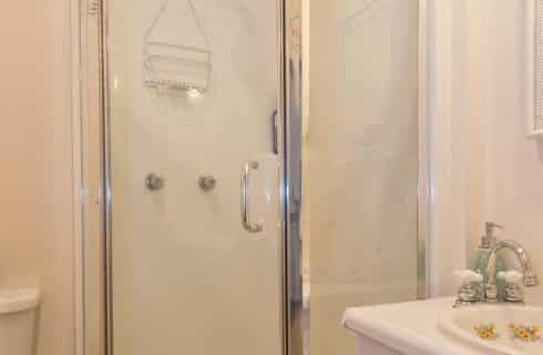 Tall stand up shower with glass doors next to vanity with flowered sink and toilet